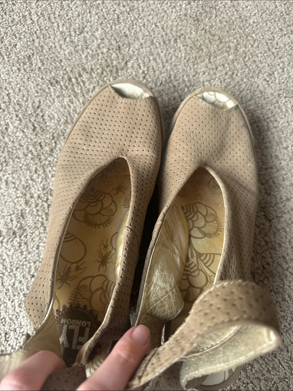 Fly London tan Yala Perforated Peep-Toe Wedge Sandals